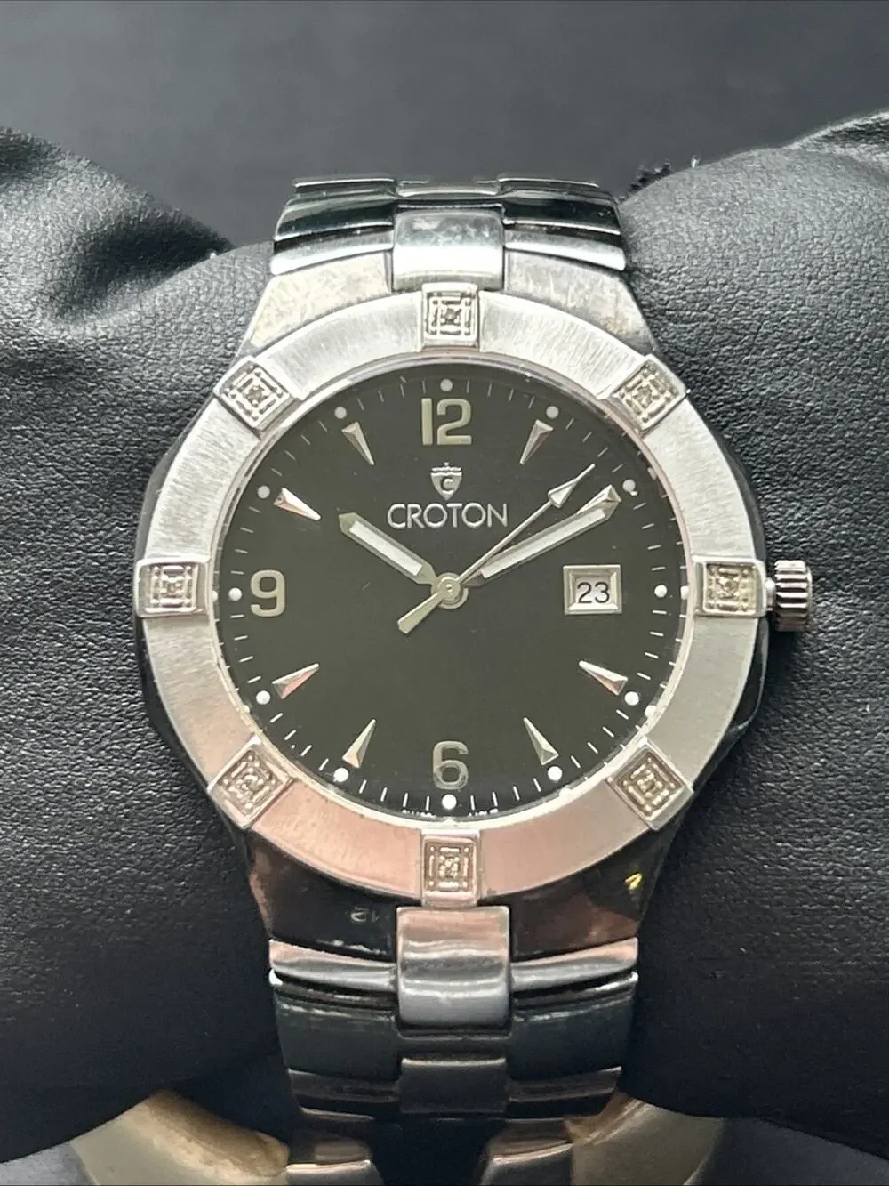 Croton Black And Silver Diamond Accented Bezel Men’s Swiss Quartz Watch